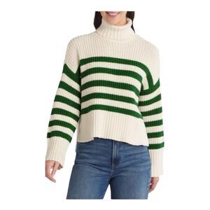 Madewell Sweater Womens‎ M Cream Ribbed Green Striped Wide Turtleneck NO064